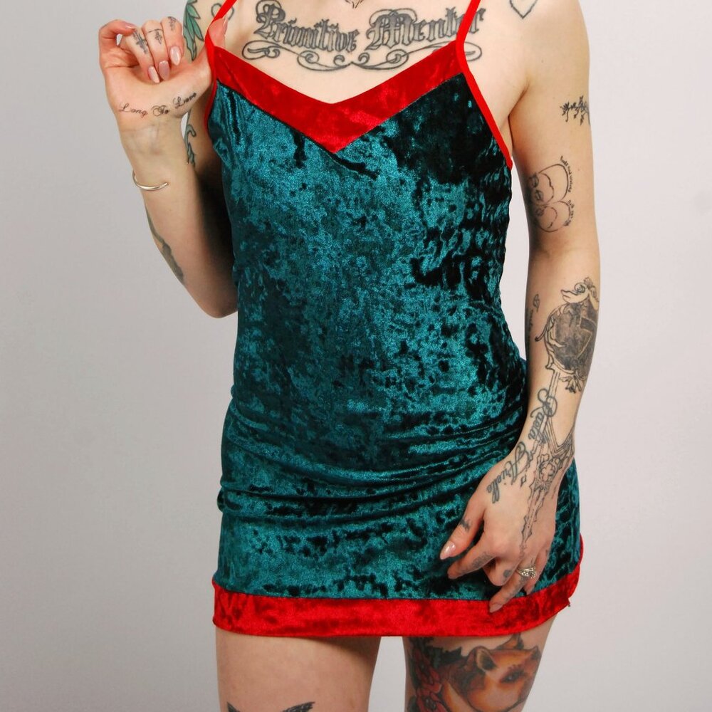 Y2K Velvet Bodycon Mini Dress (XS) green red vintage holiday christmas sexy slip - Picture 4 of 7